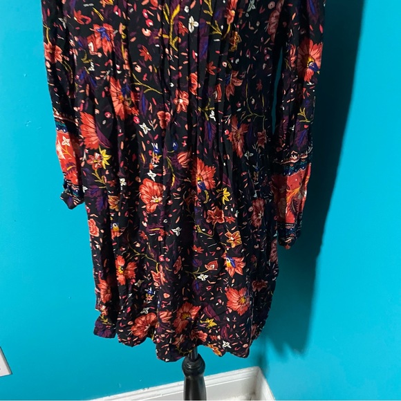 Old Navy S Black Dark Floral Multicolor Babydoll Tie Neck Mini Dress Pleated - Picture 2 of 5